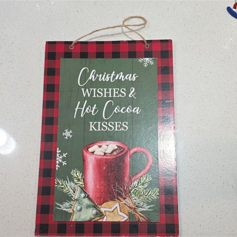 Christmas Wishes & Hot Cocoa Kisses Wood Jute Hanging Wall Sign Vertical